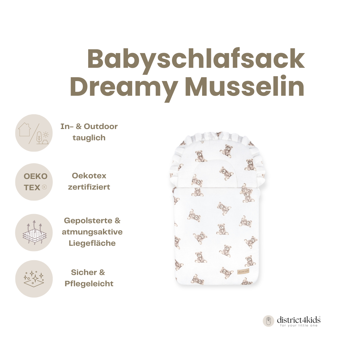 Babyschlafsack Dreamy Musselin Teddybär – süßer Ganzjahresschlafsack