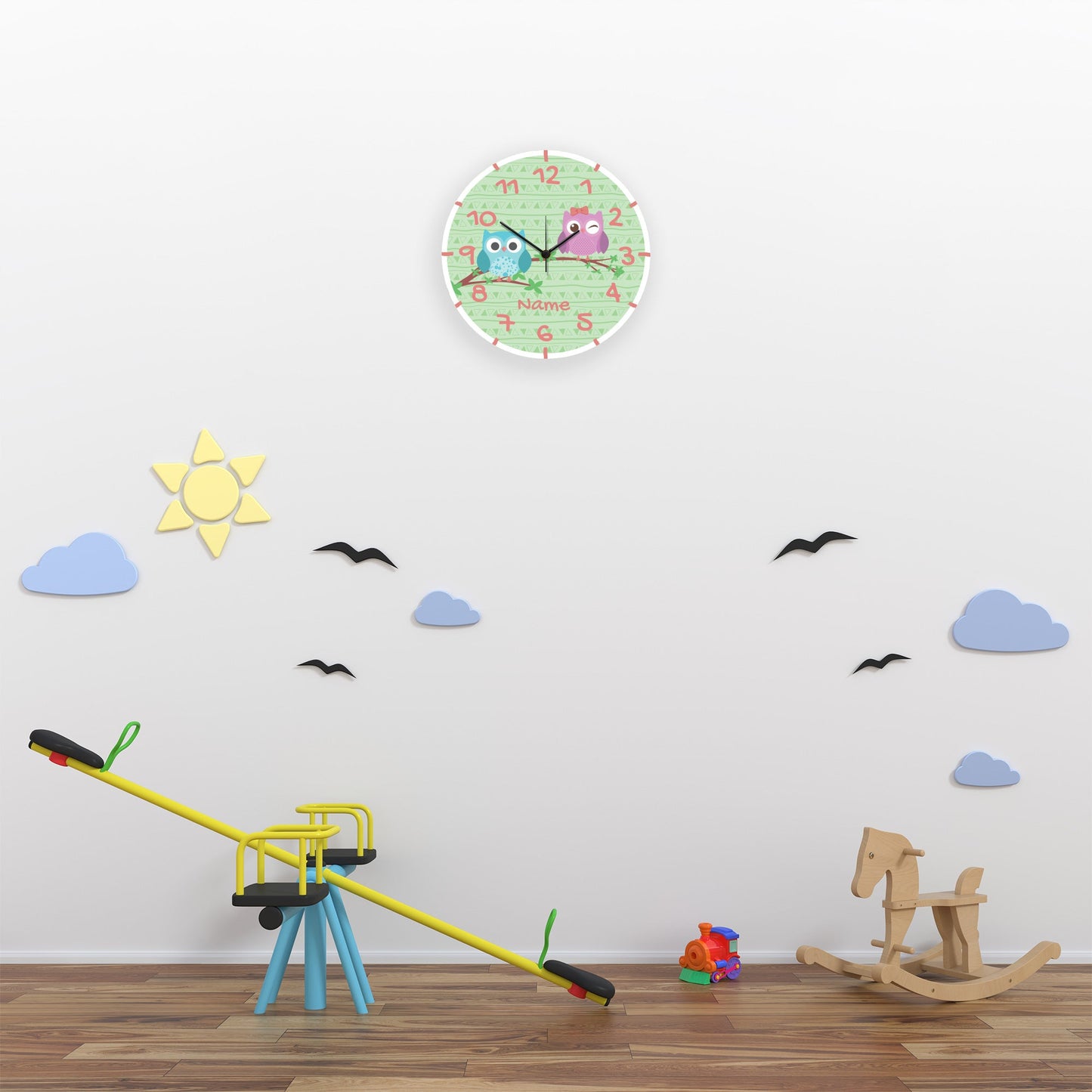 Wanduhr Kinder Eule mit Namen - mit UV Druck