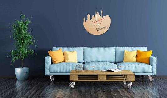 Wanduhr aus Holz Skyline Düsseldorf