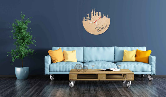 Wanduhr aus Holz Skyline Istanbul