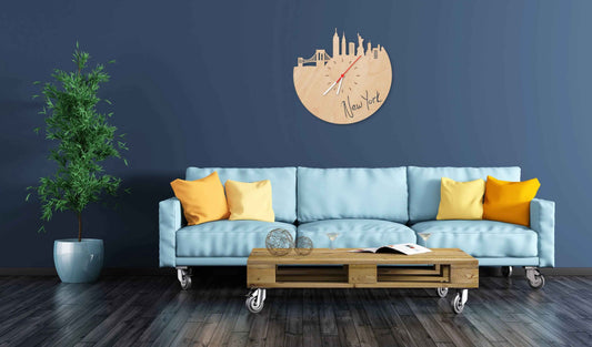Wanduhr aus Holz Skyline New York