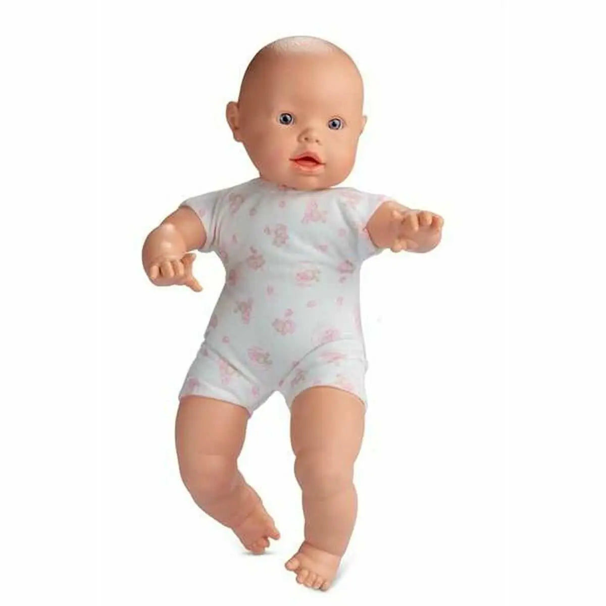 Babypuppe berjuan 8072-17 45 cm mit realistischem hautton und blauen augen in hellen strampler mit rosa hasenprints