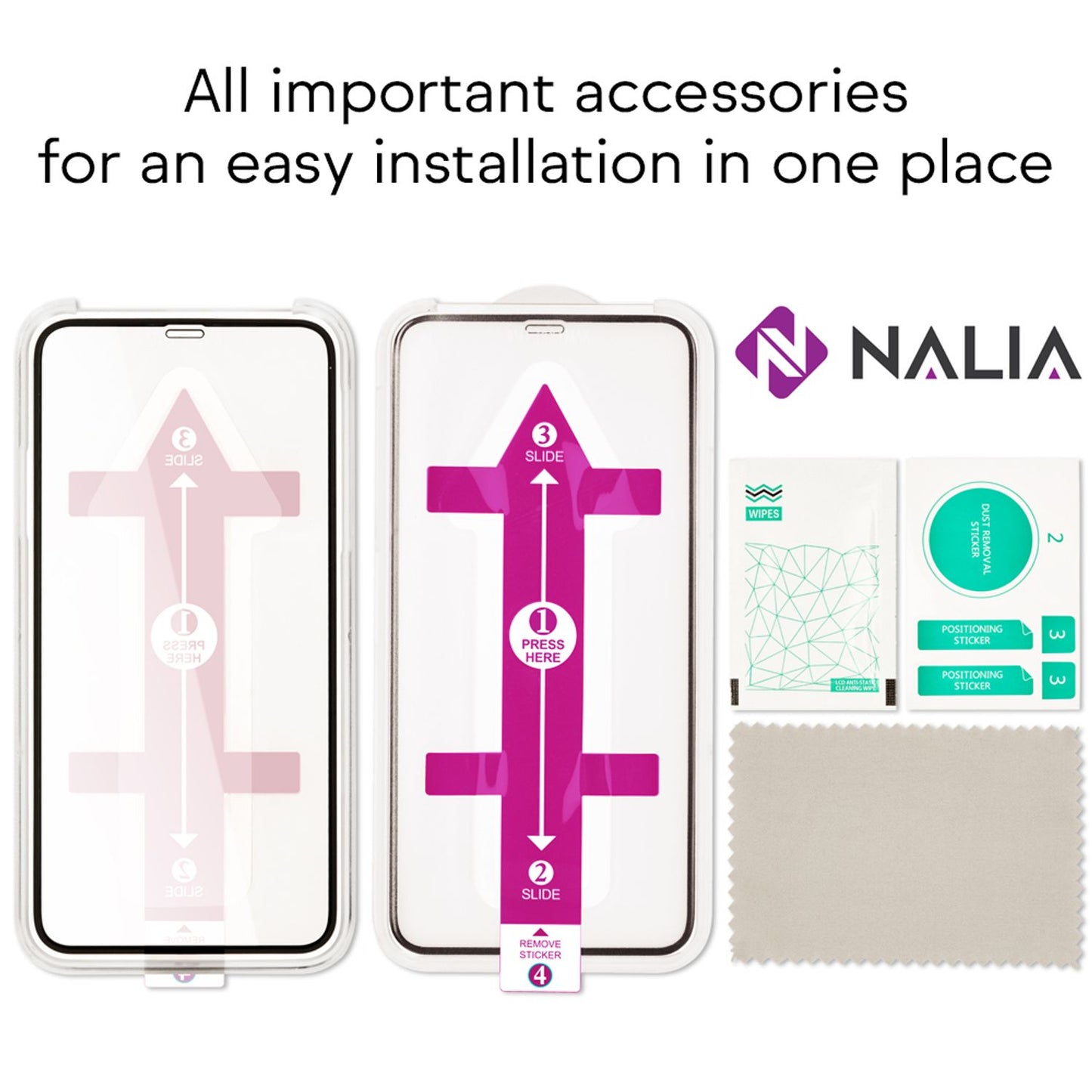 NALIA (2x) Glas & Applikator kompatibel mit iPhone 11 Pro Max / Xs Max, 9H Glasfolie mit Schablone für einfache Installation, hoher Handy Displayschutz Tempered Glass Schutzglas Clear - Transparent