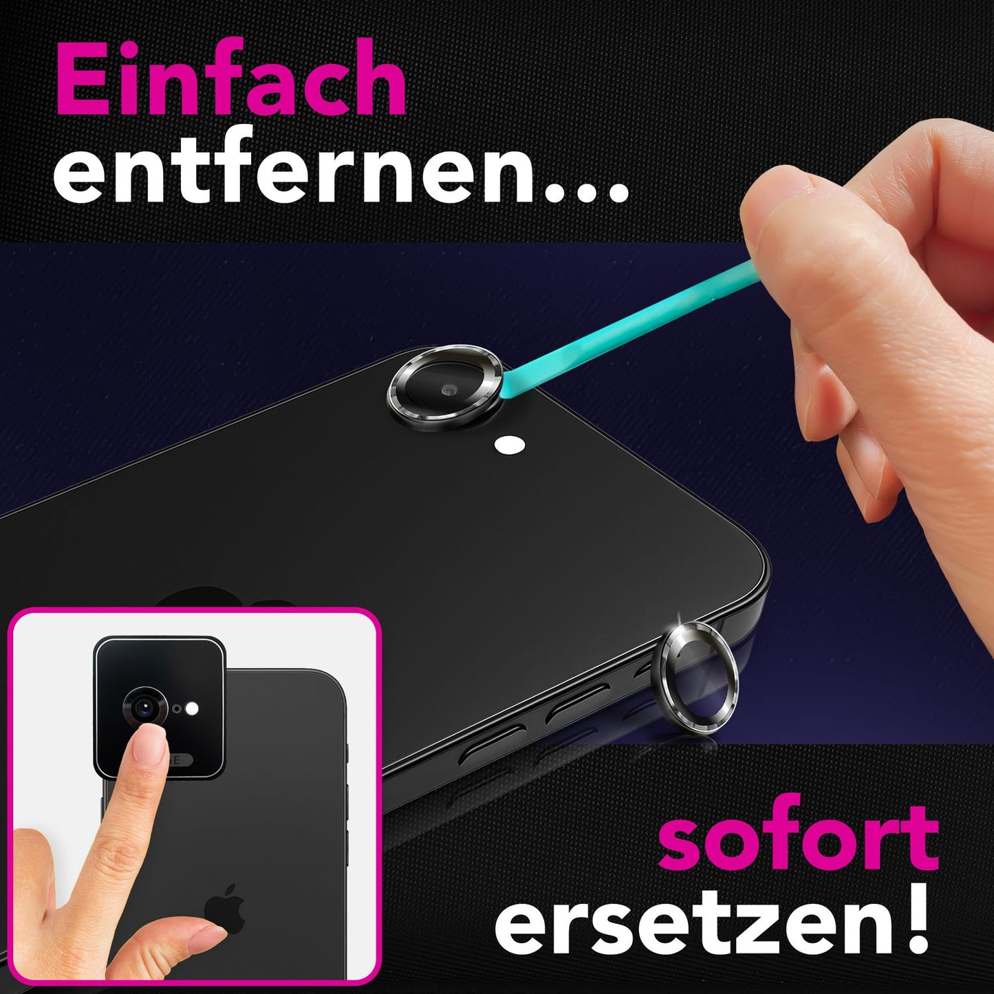NALIA Glas Kameraschutzringe für iPhone 16e / 17e – Linsenschutz & Case Friendly – FOCUS.PRO CLX (9H Härtegrad & Montagerahmen) – Marke aus Berlin