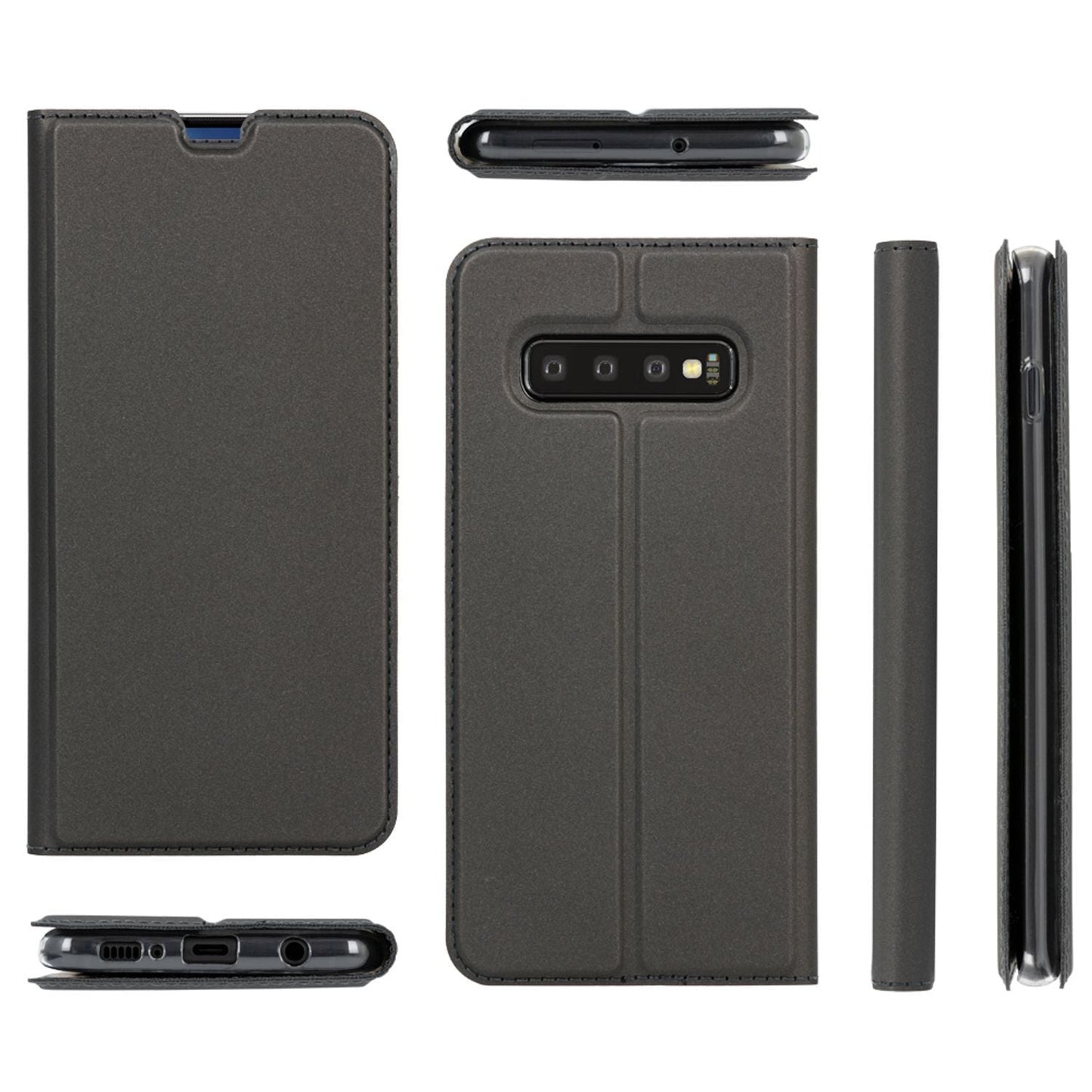 NALIA Hülle kompatibel mit Samsung Galaxy S10, Slim Kickstand Handyhülle Flip-Case Kunstleder Book-Cover mit Magnet, Etui Ganzkörper Schutzhülle Dünne Rundum Handy-Tasche Bumper - Schwarz Grau