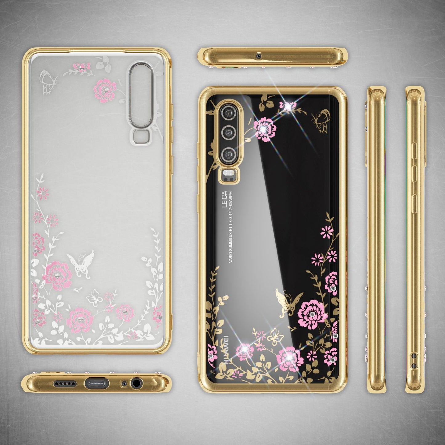 NALIA Hülle kompatibel mit Huawei P30, Durchsichtige Handyhülle Blumen-Muster Metall-Optik Glitzer-Steine, Ultra-Slim Silikon Case Dünne Schutzhülle Smart-Phone Bling Cover Etui Handy-Tasche - Gold
