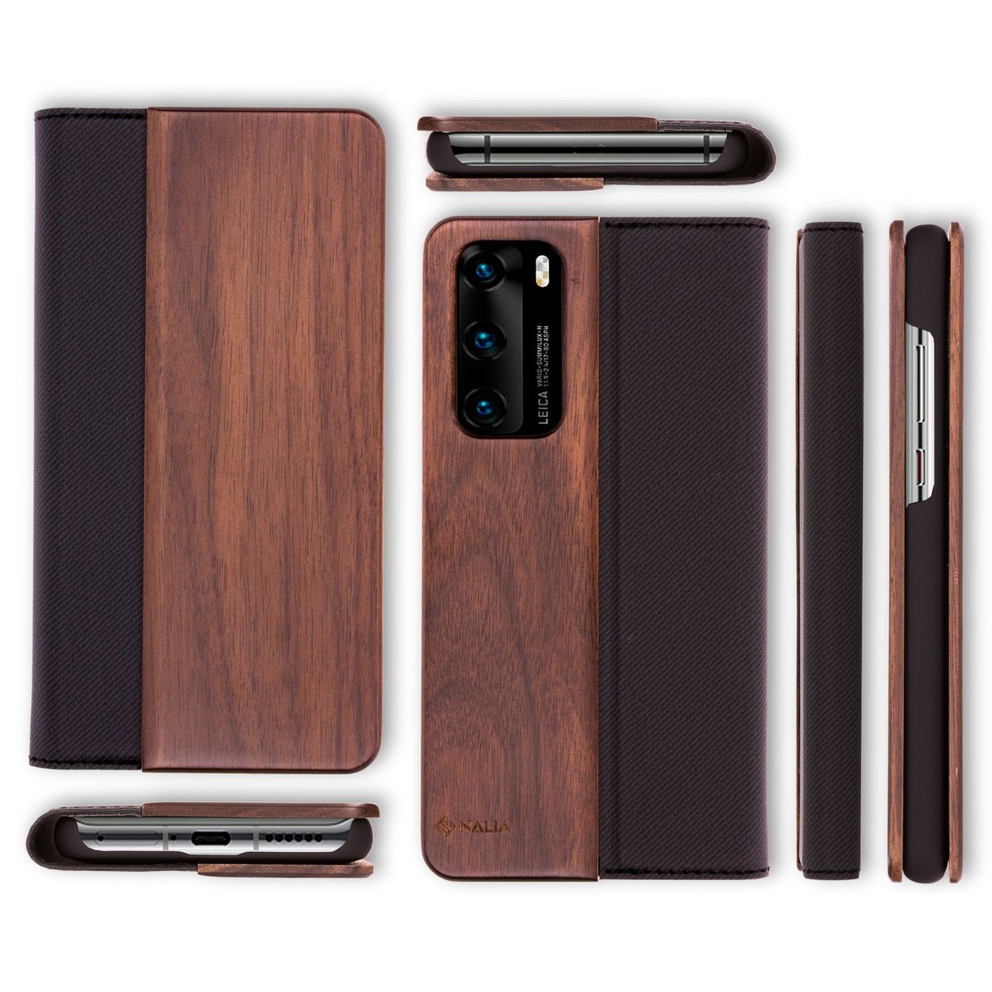 NALIA Echt-Holz Flipcase kompatibel mit Huawei P40 Hülle, Premium Wood Etui Handyhülle mit Klappe, Handy-Tasche Phone Case Cover Schutzhülle Flipcover Klapphülle Rundum Schutz Bumper Wallet - Walnuss