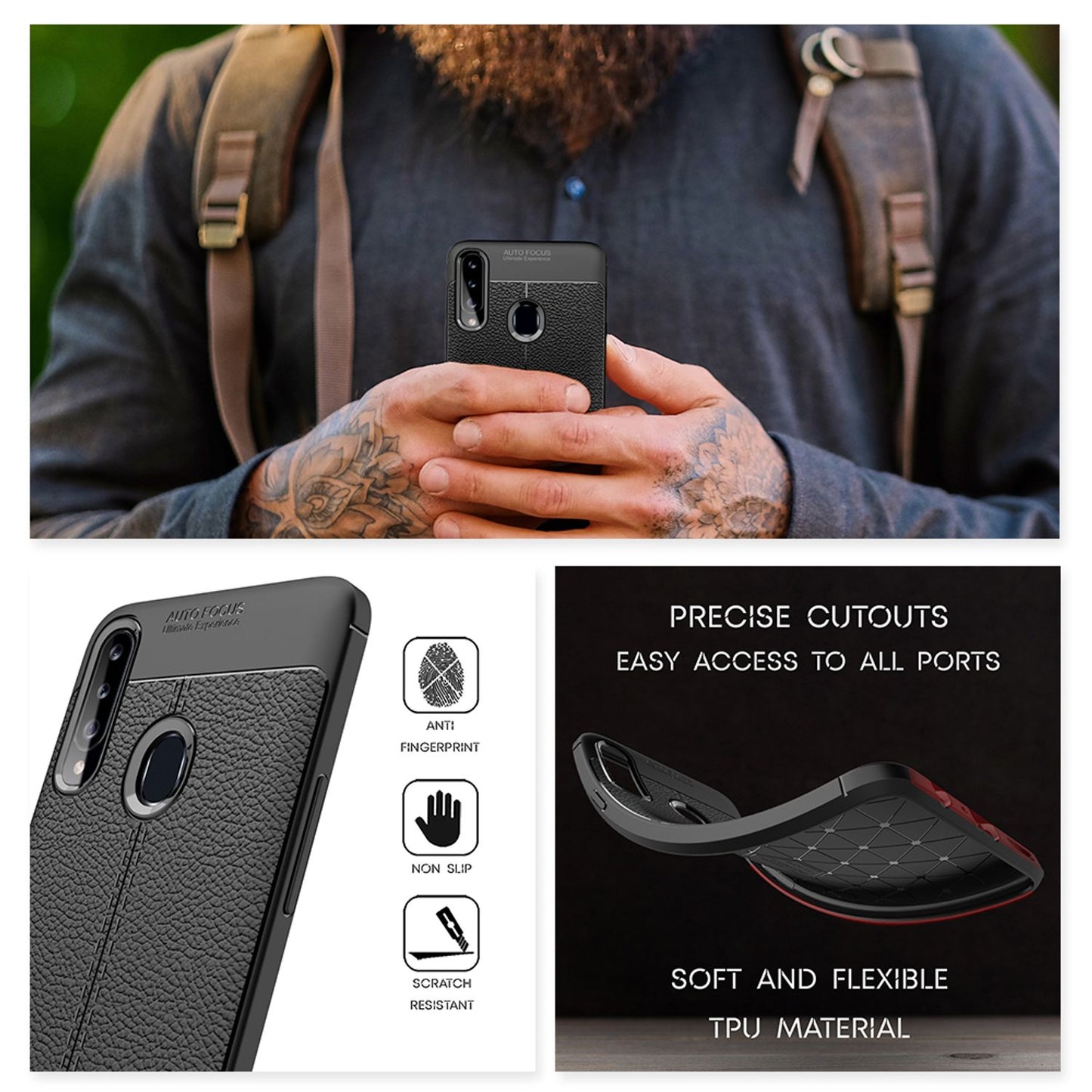 NALIA Design Case kompatibel mit Samsung Galaxy A20s Hülle, Leder Look Stylische Handyhülle Stoßfeste Silikon Schutzhülle, Slim Phone Backcover Skin Dünne Handy-Tasche Cover Etui Robust - Schwarz