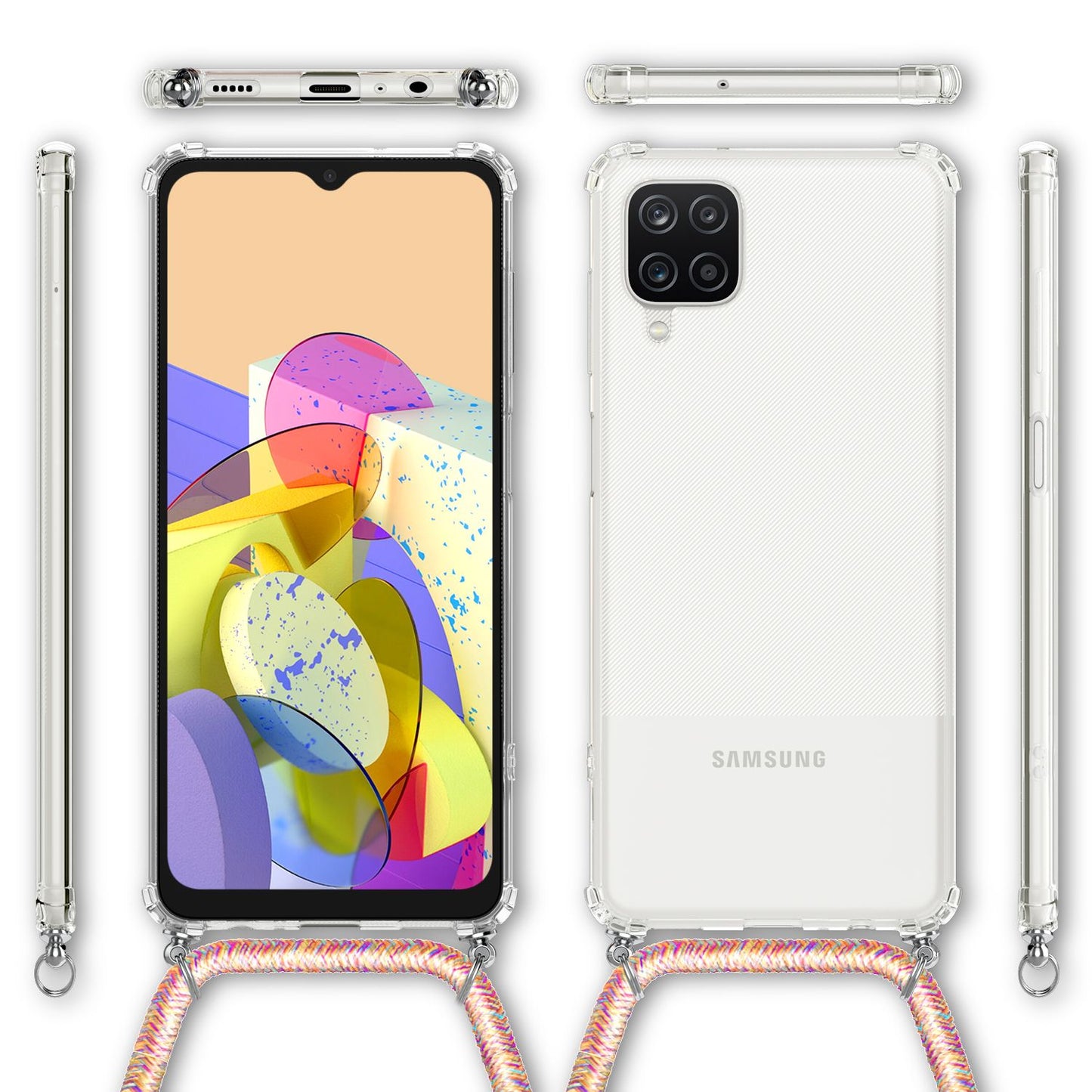 NALIA Handykette für Samsung Galaxy A12 – Transparentes Hybrid-Case & Band – HANGIT (Anti-Gelb Rückseite & Verstellbar) – Marke aus Berlin
