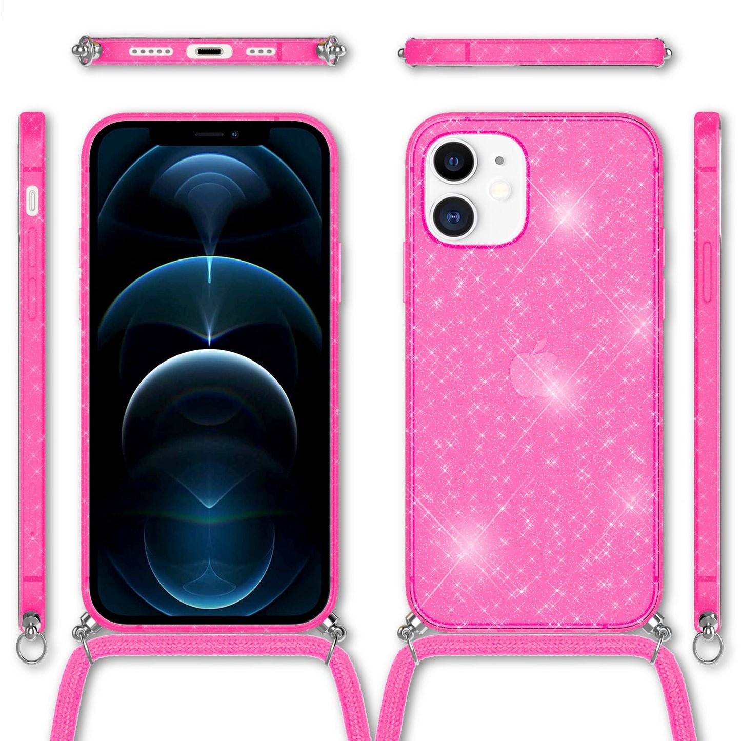 NALIA Handykette mit Neon Glitzerhülle für iPhone 12 / 12 Pro – Durchsichtig & Funkelnd – HANGIT SPARK (Transparentes Silikon Case zum Umhängen) – Marke aus Berlin