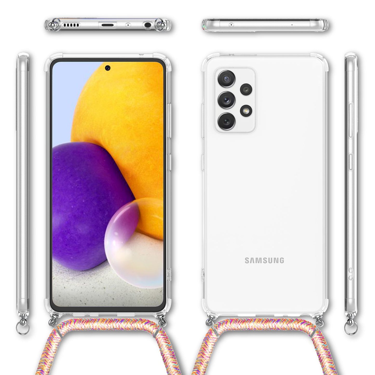 NALIA Handykette für Samsung Galaxy A72 – Transparentes Hybrid-Case & Band – HANGIT (Anti-Gelb Rückseite & Verstellbar) – Marke aus Berlin