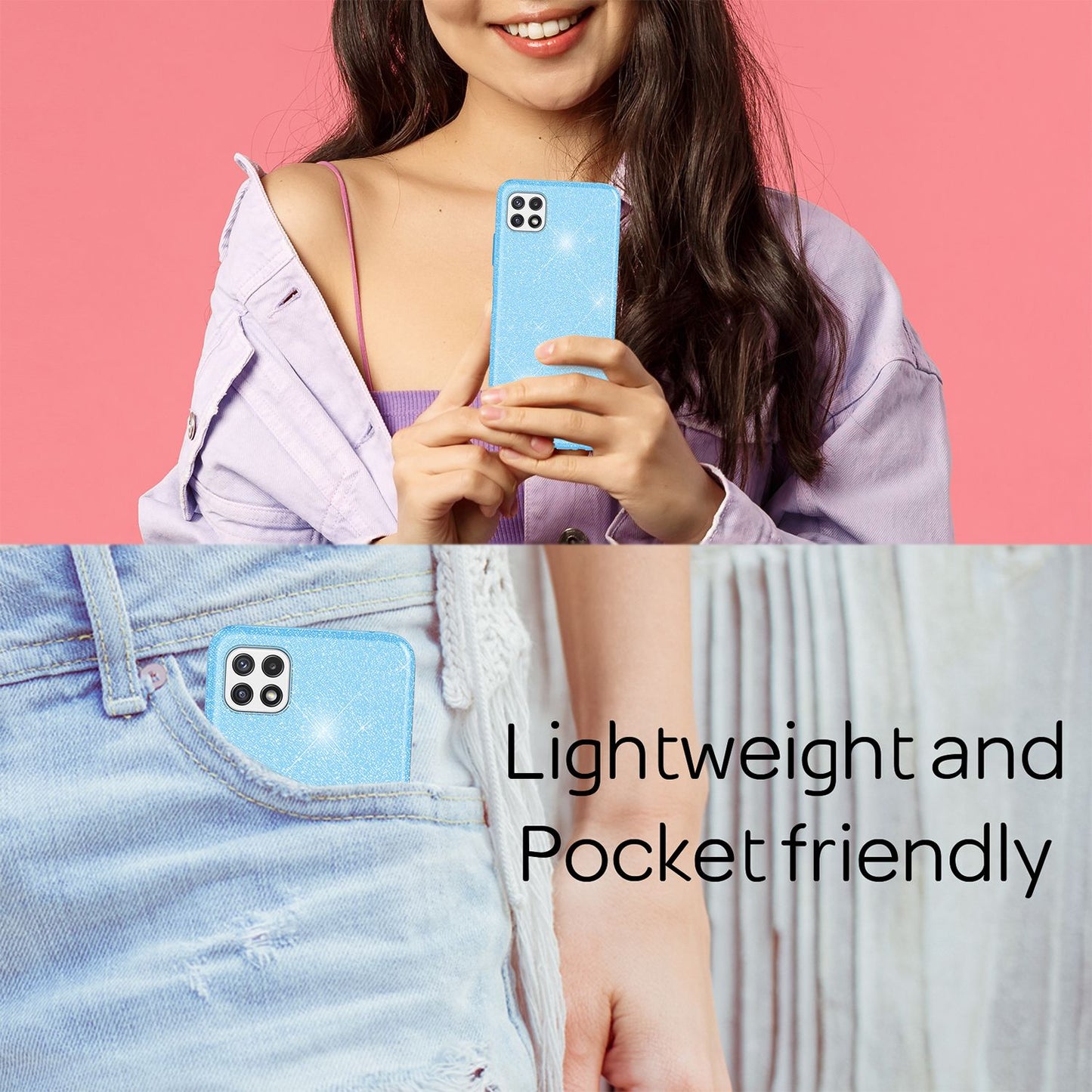 NALIA Glitzerhülle für Samsung Galaxy A22 5G – Funkelnder Glitzer-Look & Grip – SHINEPOP (Silikon Case) – Marke aus Berlin