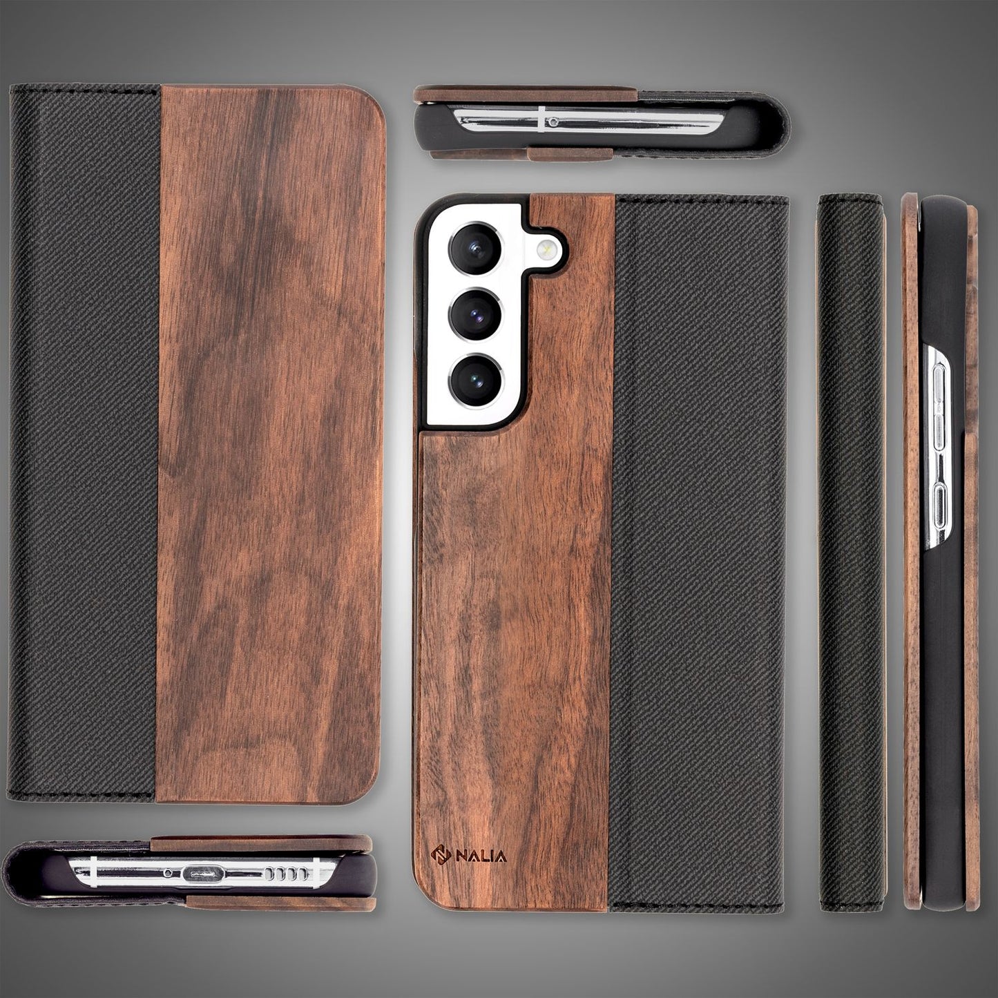 NALIA Echt-Holz Flipcase kompatibel mit Samsung Galaxy S22 Plus Hülle, FSC zert. Natur Holzhülle mit Standfunktion & Kartenfach, Premium Wood Case Wallet Rundum-Schutz Handyhülle Klapphülle - Walnuss
