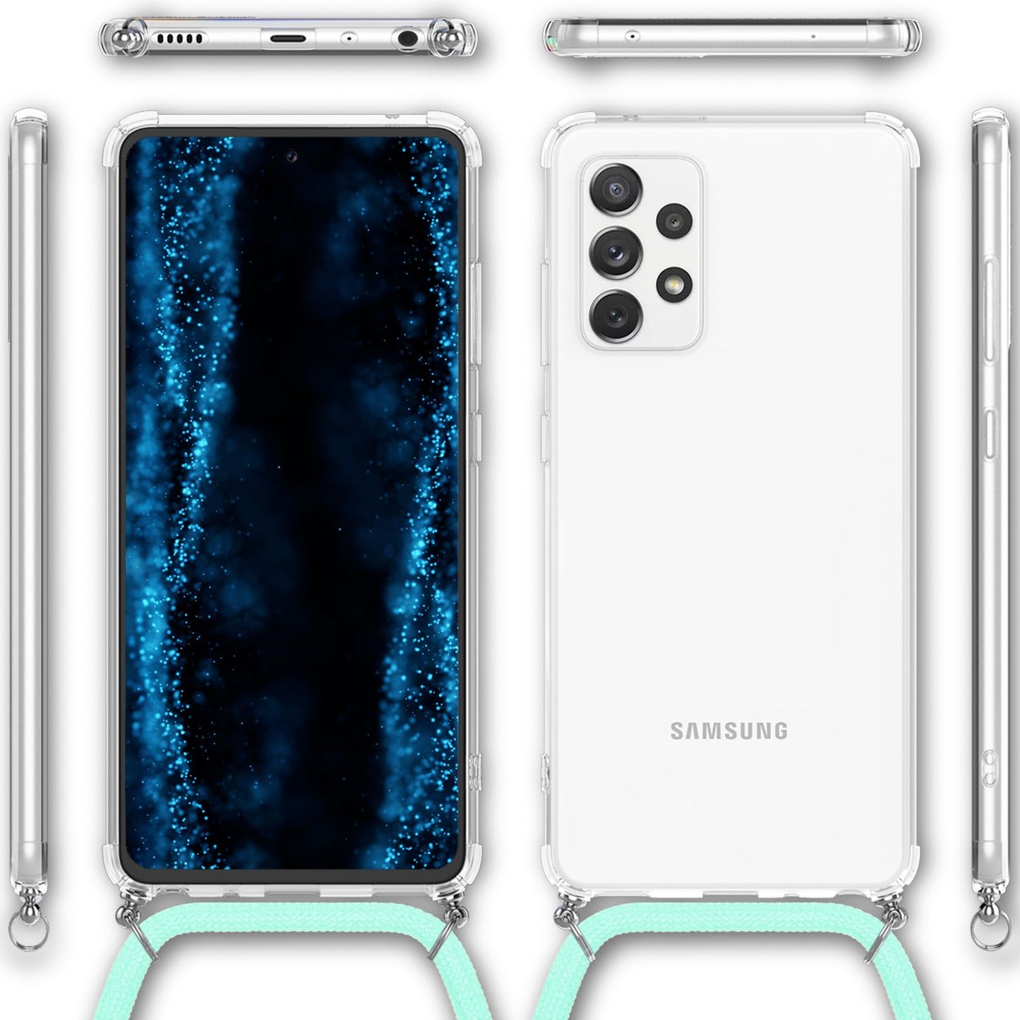 NALIA Handykette für Samsung Galaxy A53 – Transparentes Hybrid-Case & Band – HANGIT (Anti-Gelb Rückseite & Verstellbar) – Marke aus Berlin