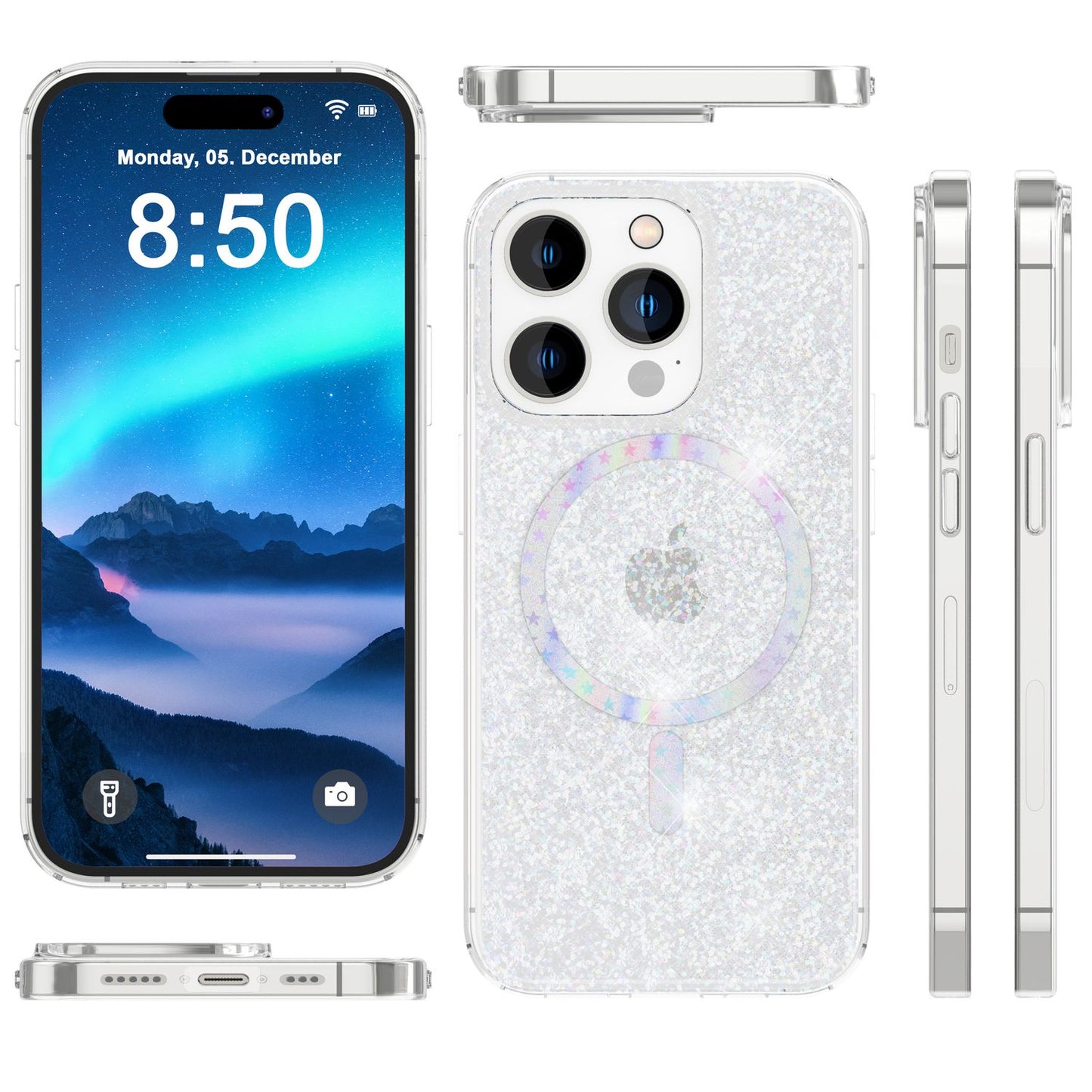NALIA Magnet Glitzerhülle für iPhone 14 Pro Max – MagSafe kompatibel & 2x Schutzglas – BLYZE (Anti-Gelb Hardcase & Silikon Bumper) – Marke aus Berlin