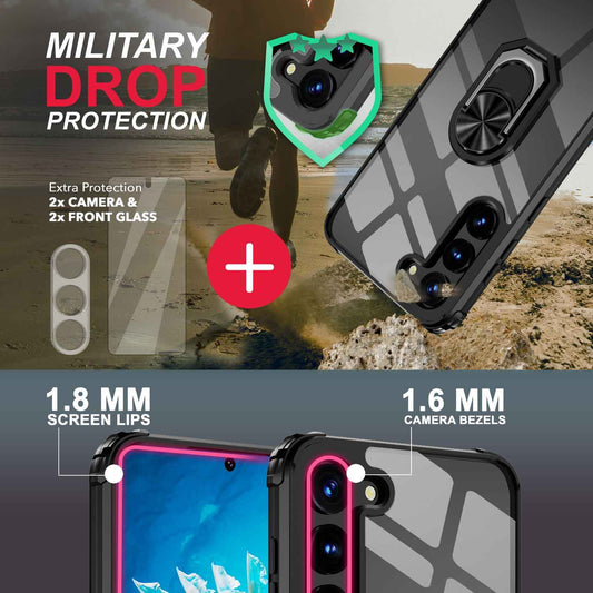 NALIA Ringhülle für Samsung Galaxy S23 – Für Magnethalter & 360° Stand – VAULT (Kristallklare Rückseite & Stoßfester Silikon-Rahmen) – Marke aus Berlin