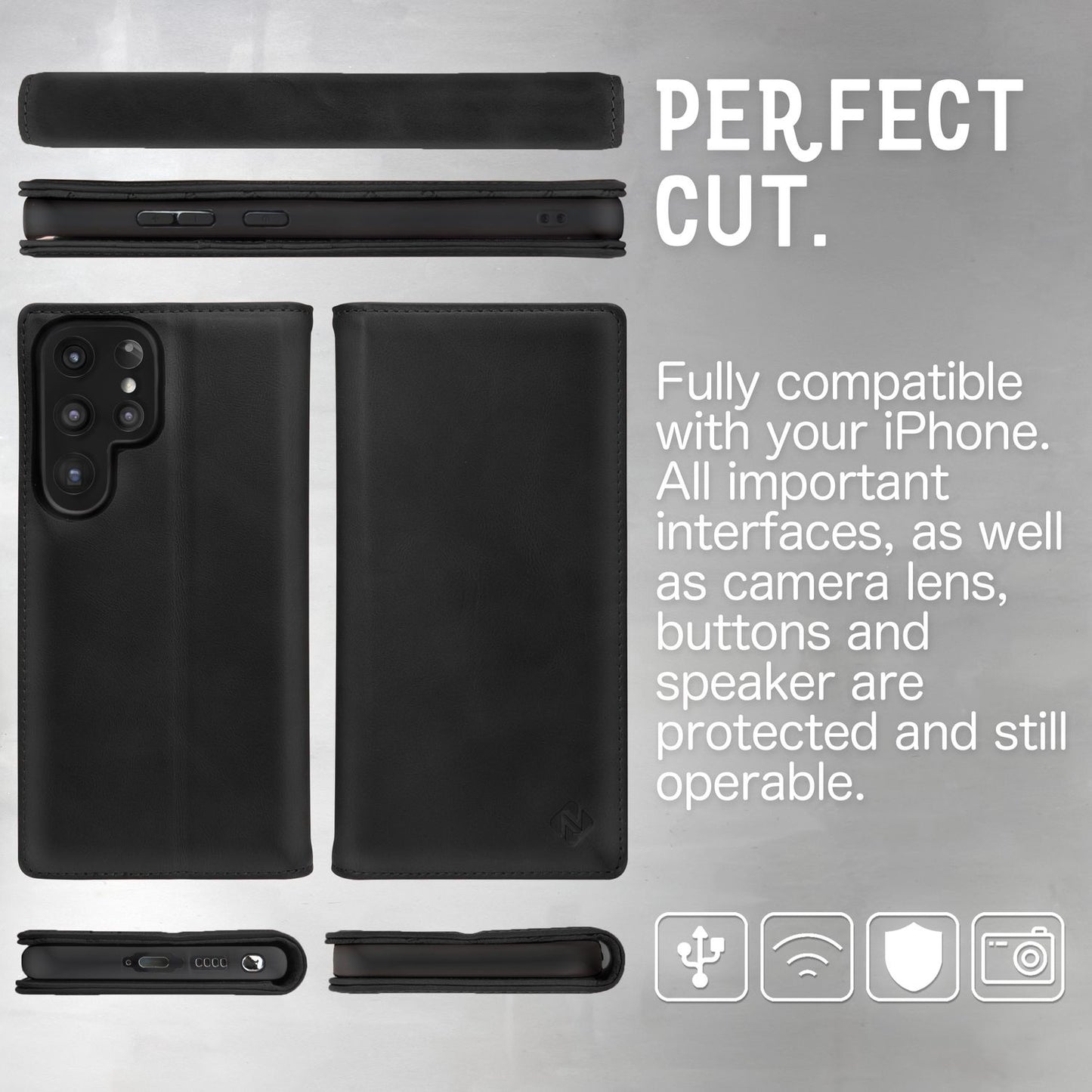 NALIA Echt-Leder Flip-Case kompatibel mit Samsung Galaxy S23 Ultra Hülle, 360 Grad Bookcase, RFID-Schutz, Klapphülle mit Kartenfächern und Magnetverschluss, Handyhülle mit Standfunktion