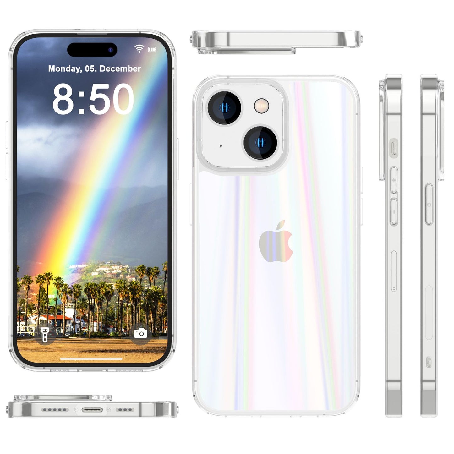 NALIA Transparente Glashülle für iPhone 15 Plus – Holografischer Prisma-Effekt (Regenbogen Schimmer) – 9H Hartglas & Anti-Gelb – AURORA – Marke aus Berlin