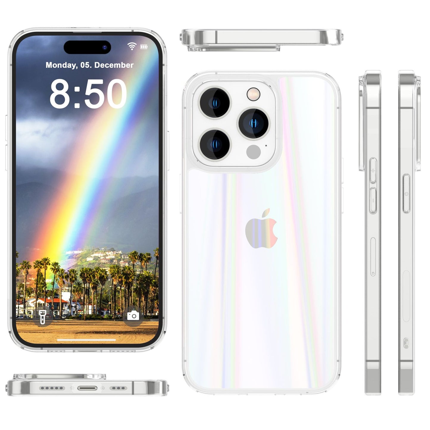 NALIA Transparente Glashülle für iPhone 15 Pro Max – Holografischer Prisma-Effekt (Regenbogen Schimmer) – 9H Hartglas & Anti-Gelb – AURORA – Marke aus Berlin