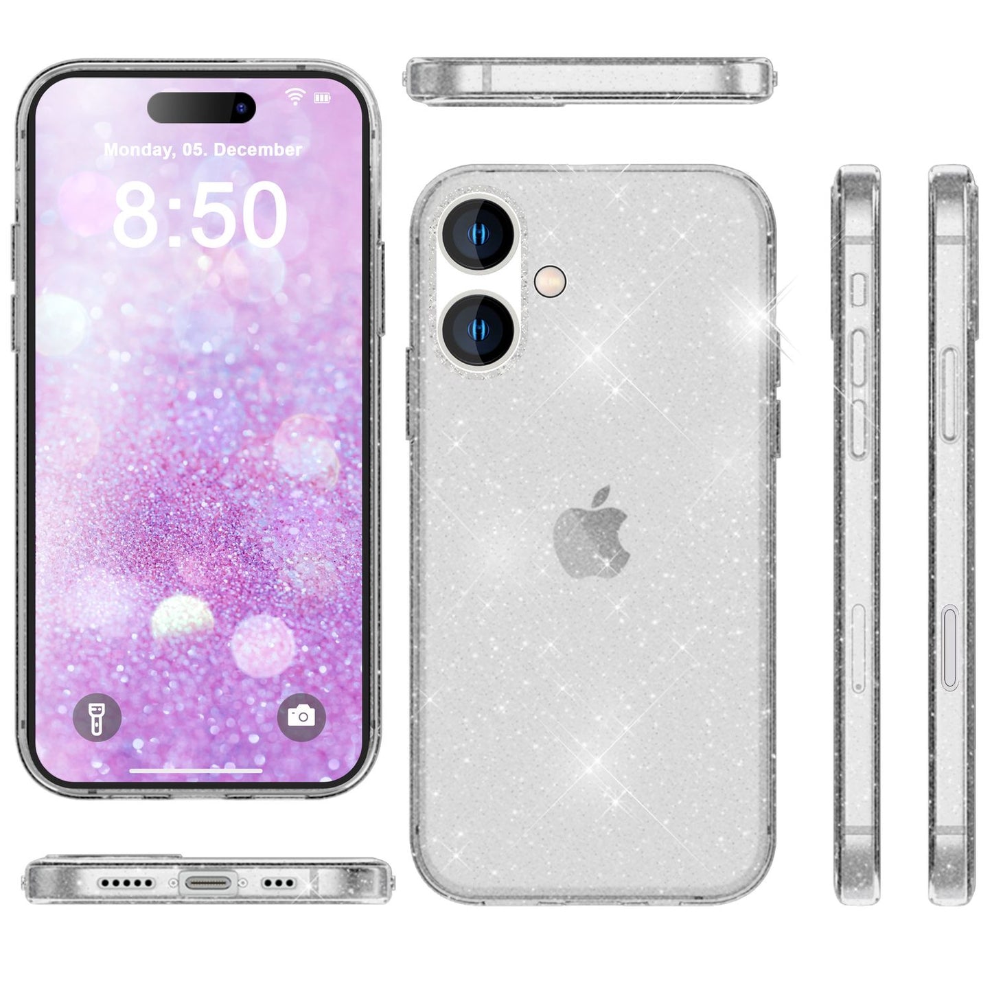 NALIA Glitzerhülle für iPhone 16 – Funkelndes Silikon Case – DAZZLIN (Transparent & Stoßfest) – Marke aus Berlin