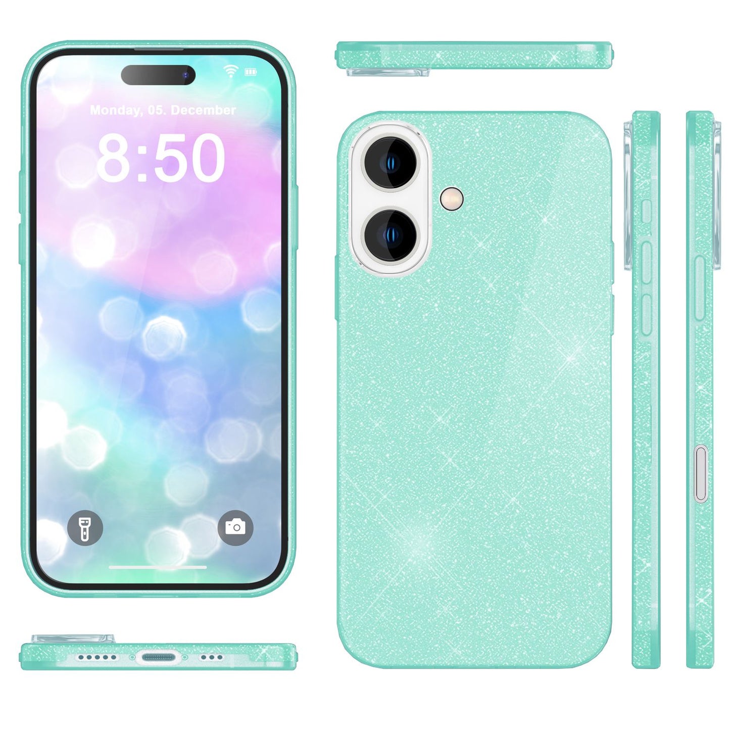 NALIA Glitzerhülle für iPhone 16 Plus – Funkelnder Glitzer-Look & Grip – SHINEPOP (Silikon Case) – Marke aus Berlin