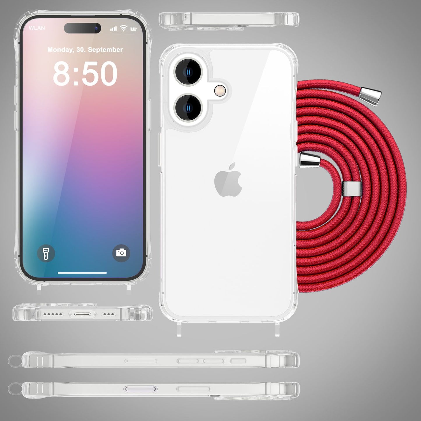 NALIA Handykette für iPhone 16 – Transparentes Hybrid-Case & Band – HANGIT PRO (Anti-Gelb Rückseite & Verstellbar) – Marke aus Berlin