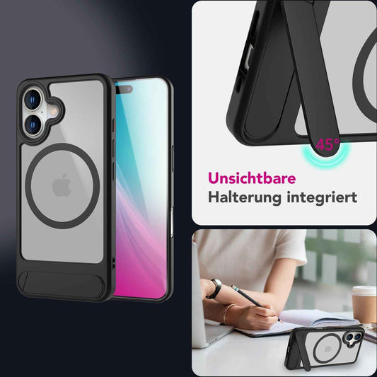 NALIA Magnet-Case für iPhone 16 – Klappständer & Kameraschutz – TRITON (Matt-Transparent & Hybrid-Schutz) – Marke aus Berlin
