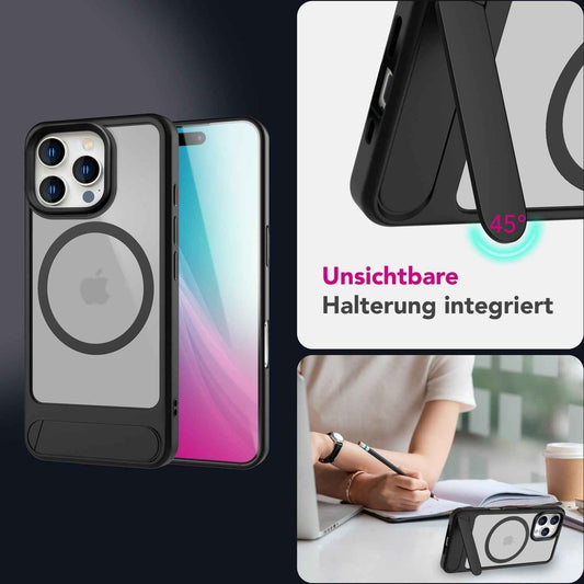 NALIA Magnet-Case für iPhone 16 Pro Max – Klappständer & Kameraschutz – TRITON (Matt-Transparent & Hybrid-Schutz) – Marke aus Berlin