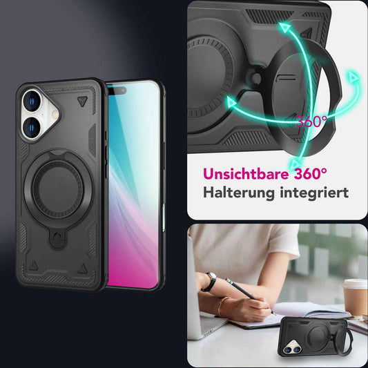 NALIA Magnetische Panzerhülle für iPhone 16 – Ring-Halterung 360° & MagSafe kompatibel – STORMGUARD (Outdoor Case) – Marke aus Berlin