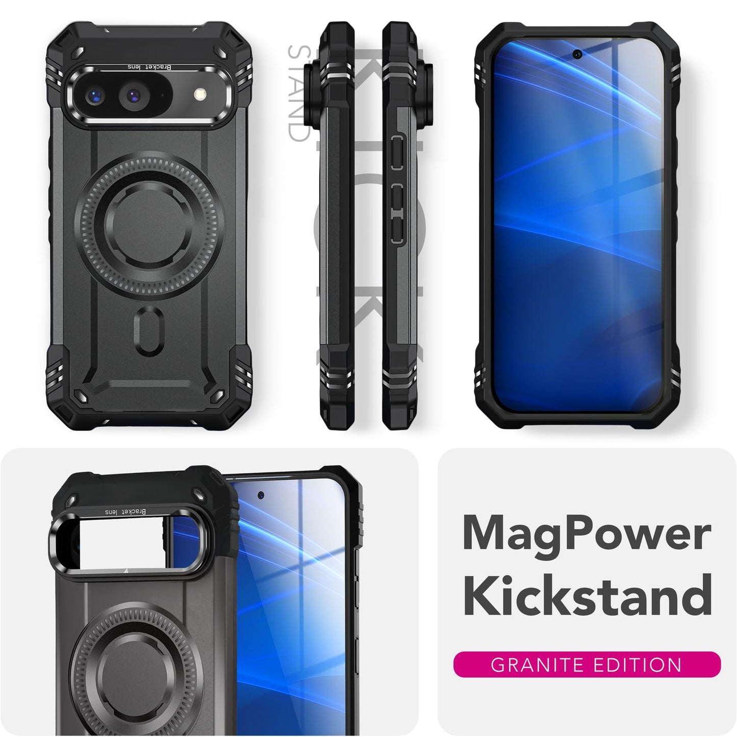 NALIA Magnetische Panzerhülle für Google Pixel 9 – MagSafe kompatibel & Kamera-Stand – GRANITE (Outdoor Schutzhülle Stoßfest) – Marke aus Berlin