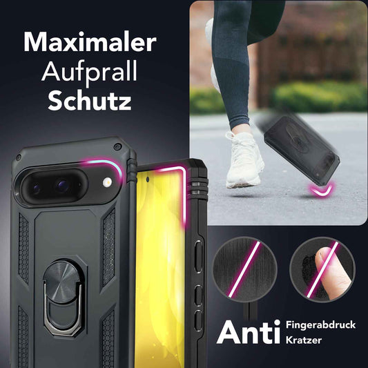 NALIA Panzerhülle für Google Pixel 9 – Ring-Ständer 360° & Magnet-Halterung Kompatibel – RINGDEFEND (Stoßfestes Outdoor Case) – Marke aus Berlin