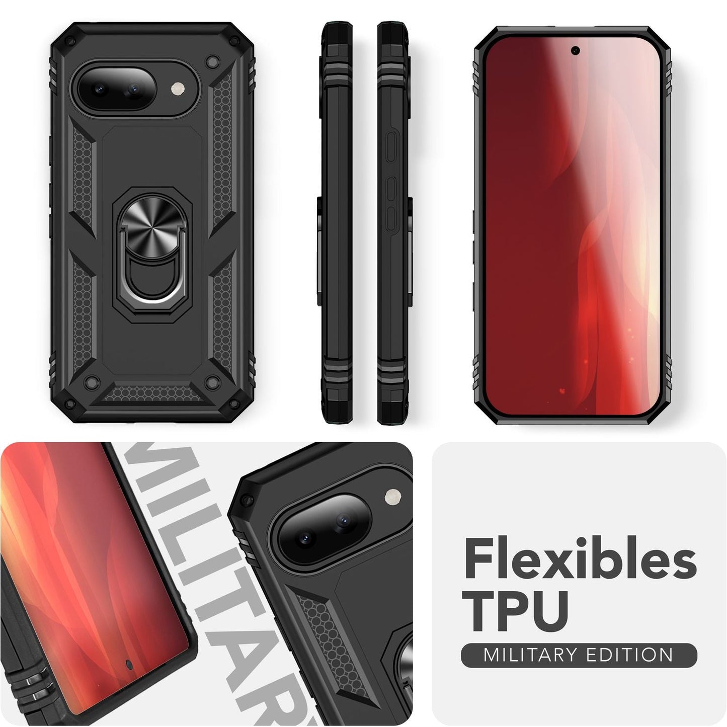 NALIA Panzerhülle für Google Pixel 9a – Ring-Ständer 360° & Magnet-Halterung Kompatibel – RINGDEFEND (Stoßfestes Outdoor Case) – Marke aus Berlin