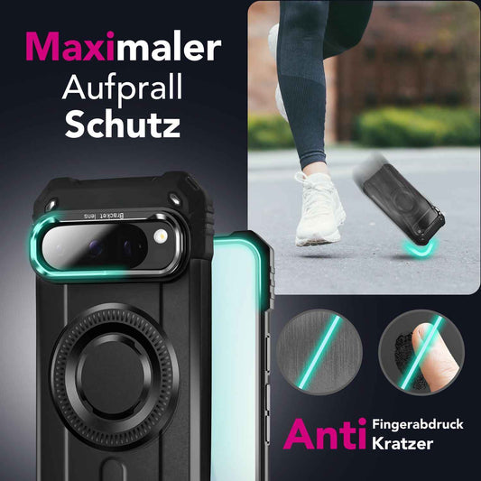 NALIA Magnetische Panzerhülle für Google Pixel 9 Pro – MagSafe kompatibel & Kamera-Stand – GRANITE (Outdoor Schutzhülle Stoßfest) – Marke aus Berlin
