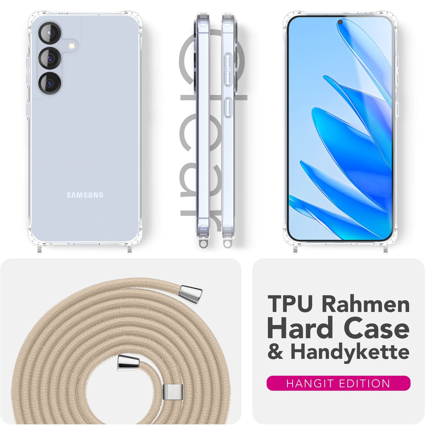 NALIA Handykette für Samsung Galaxy S25 FE – Transparentes Hybrid-Case & Band – HANGIT PRO (Anti-Gelb Rückseite & Verstellbar) – Marke aus Berlin