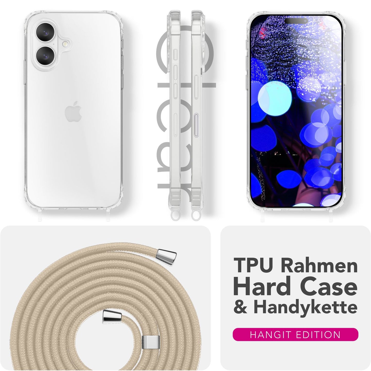 NALIA Handykette für iPhone 17 – Transparentes Hybrid-Case & Band – HANGIT PRO (Anti-Gelb Rückseite & Verstellbar) – Marke aus Berlin