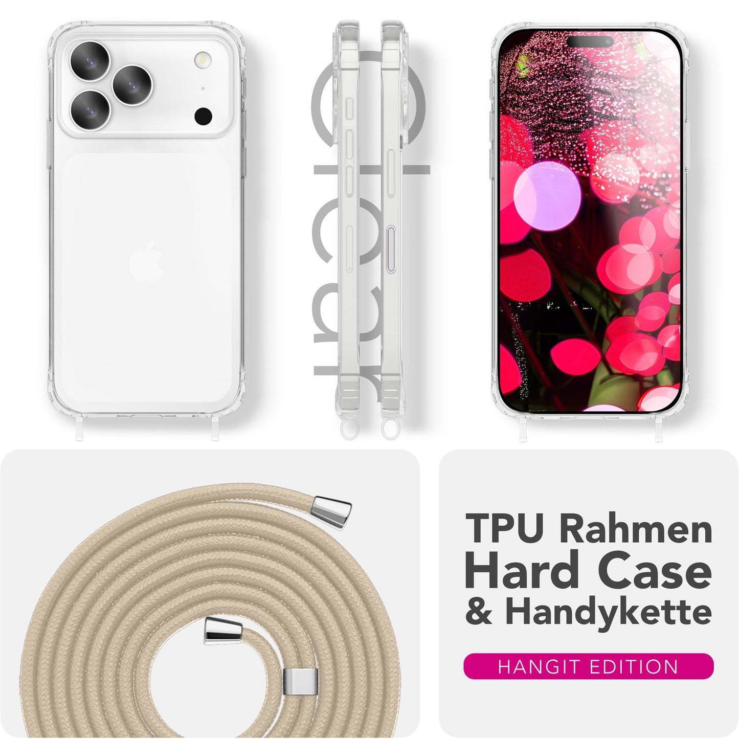 NALIA Handykette für iPhone 17 Pro – Transparentes Hybrid-Case & Band – HANGIT PRO (Anti-Gelb Rückseite & Verstellbar) – Marke aus Berlin