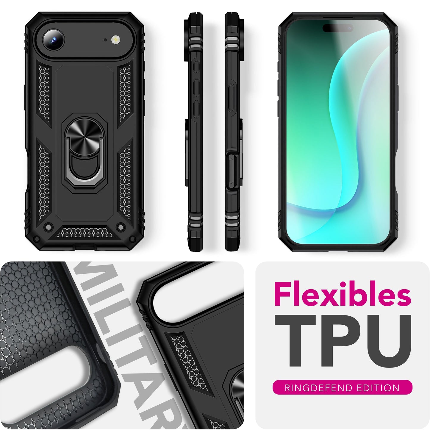 NALIA Panzerhülle für iPhone 17 Air – Ring-Ständer 360° & Magnet-Halterung Kompatibel – RINGDEFEND (Stoßfestes Outdoor Case) – Marke aus Berlin
