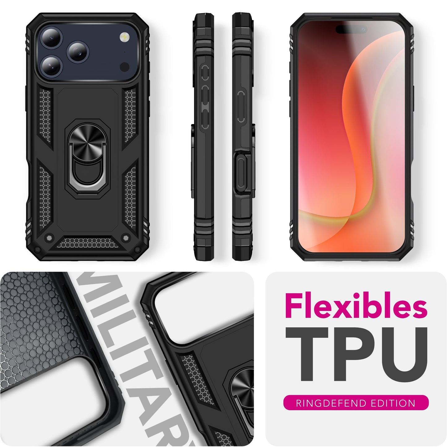 NALIA Panzerhülle für iPhone 17 Pro – Ring-Ständer 360° & Magnet-Halterung Kompatibel – RINGDEFEND (Stoßfestes Outdoor Case) – Marke aus Berlin