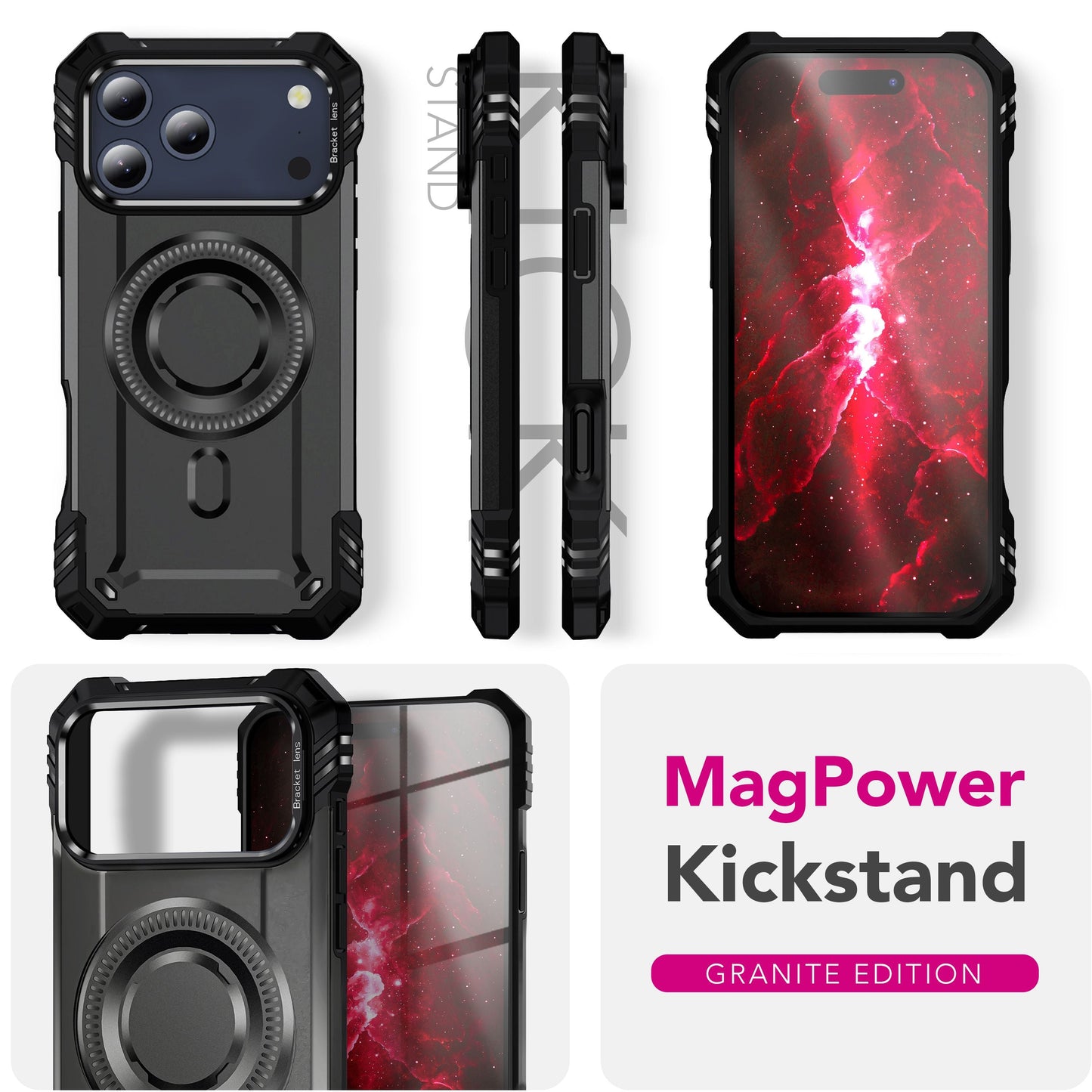 NALIA Magnetische Panzerhülle für iPhone 17 Pro – MagSafe kompatibel & Kamera-Stand – GRANITE (Outdoor Schutzhülle Stoßfest) – Marke aus Berlin