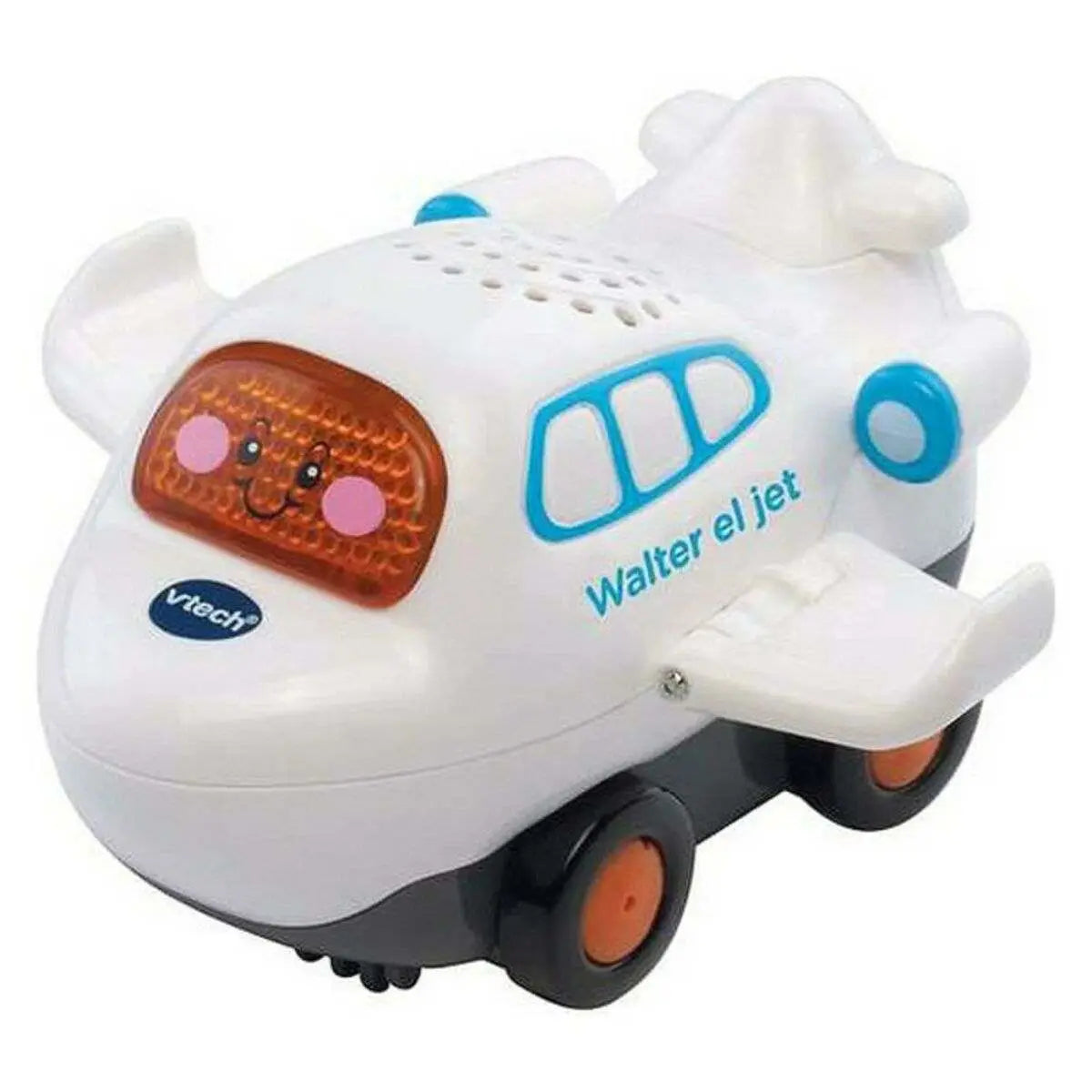 Weißes plastikspielzeugflugzeug mit blauen akzenten orange rädern und lächelndem gesicht vtech tut tut fahrzeug mit licht
