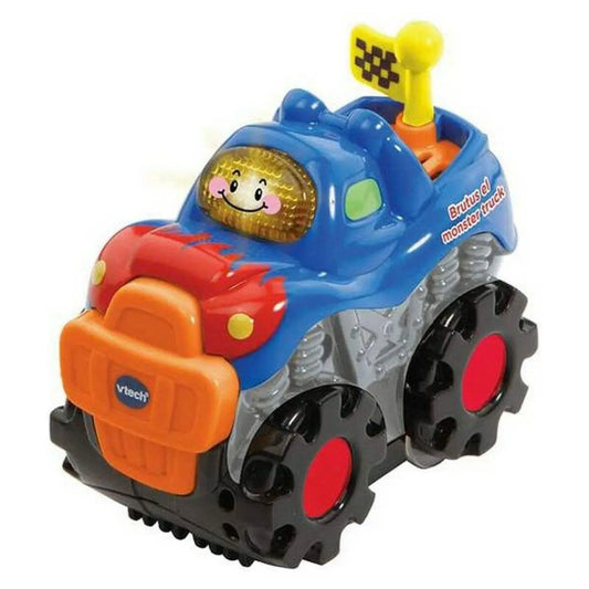 Blaues und oranges plastik monstertruck spielauto mit lächelndem gelbem fahrer und gelber karierten flagge von vtech tut tut