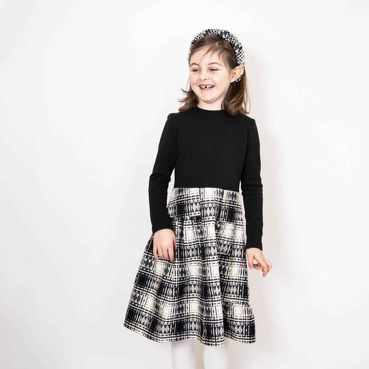 Girls Black Dress with Tartan Skirt in Black & White-1