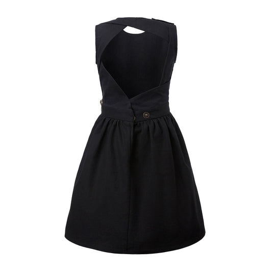 Girls' Black Dress with Cutout Back and Hemp Sash-1