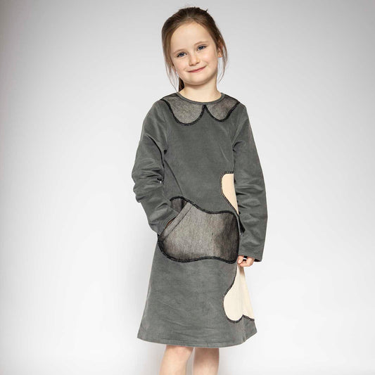 Kids Grey Velvet A-line Dress-1