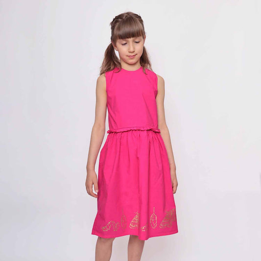 Pink Flower Girl Dress with Golden Hand Block Print-1