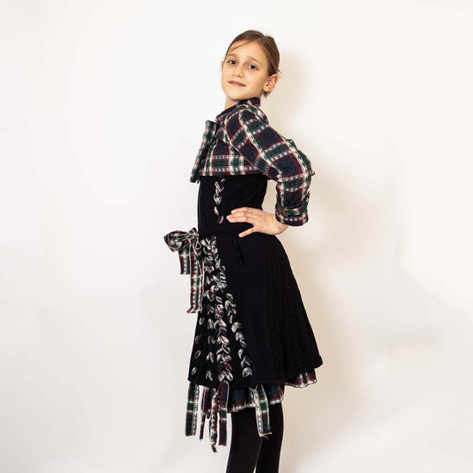 Girls Black Cable Knit Dress with Red Tartan Details-1
