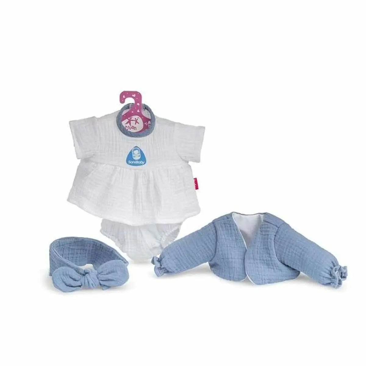 Weißes baumwollkleid mit blauem besatz und gerafftem saum an rosa kleiderbügel für berjuan puppen 3083 blau 40 cm