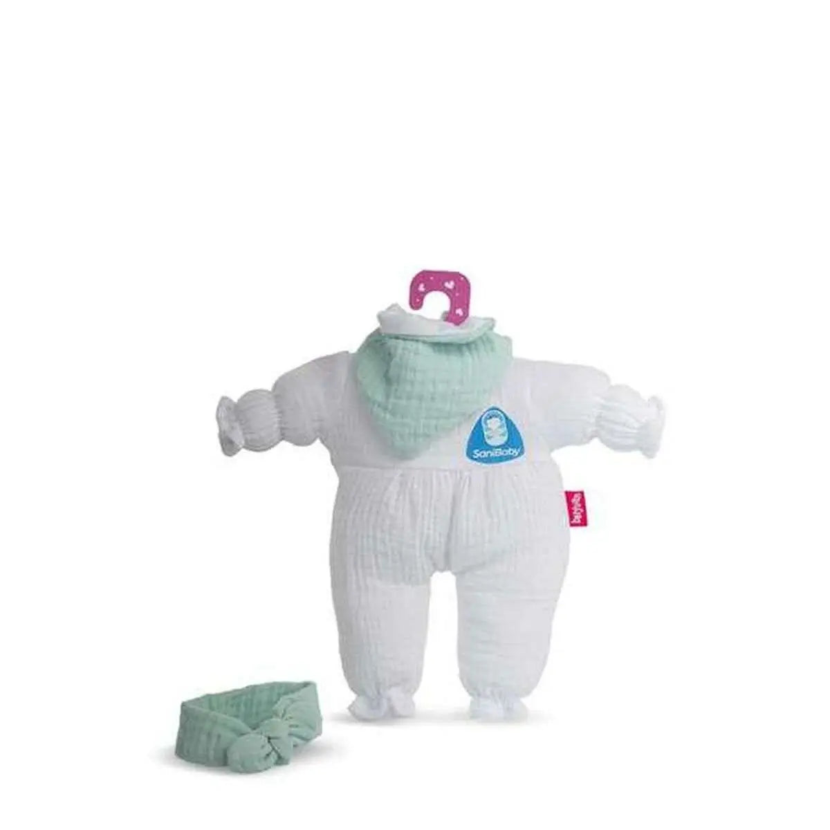 Weißer muslin schneeanzug mit mintgrünem kapuze und passendem stirnband für puppen von sensitive baby