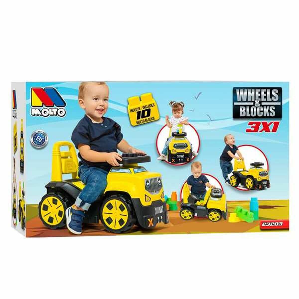 Gelbes Rutschauto Moltó 3x1 Wheels & Blocks 89 cm aus Kunststoff für Kinder ab 1 Jahr