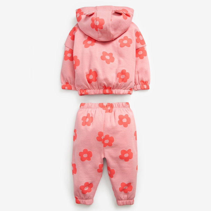 Baby Girl All Over Flower Graphic Zipper Hoodie Coat & Trousers 2 Pieces Sets-1
